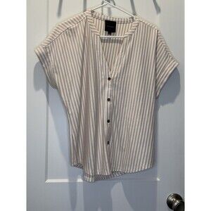 Alex Marie Striped V Neck Button Up Short Sleeve Top Womens Large Blouse Light